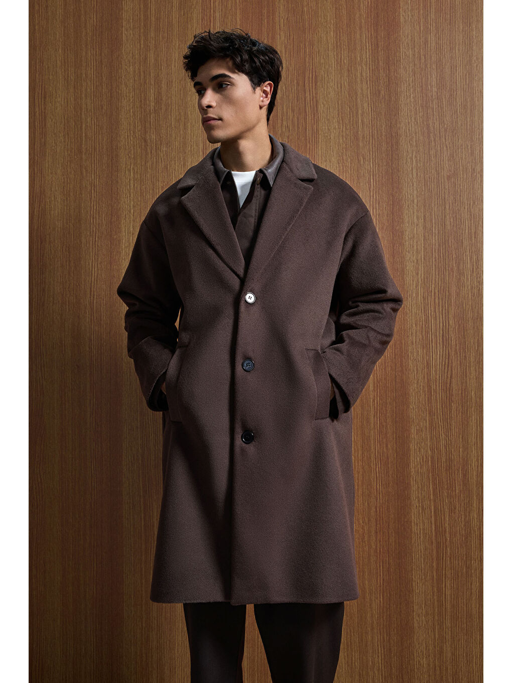 Kahverengi Erkek Oversize Uzun İtalyan Kaşe Kaban Koyu Kahve-4