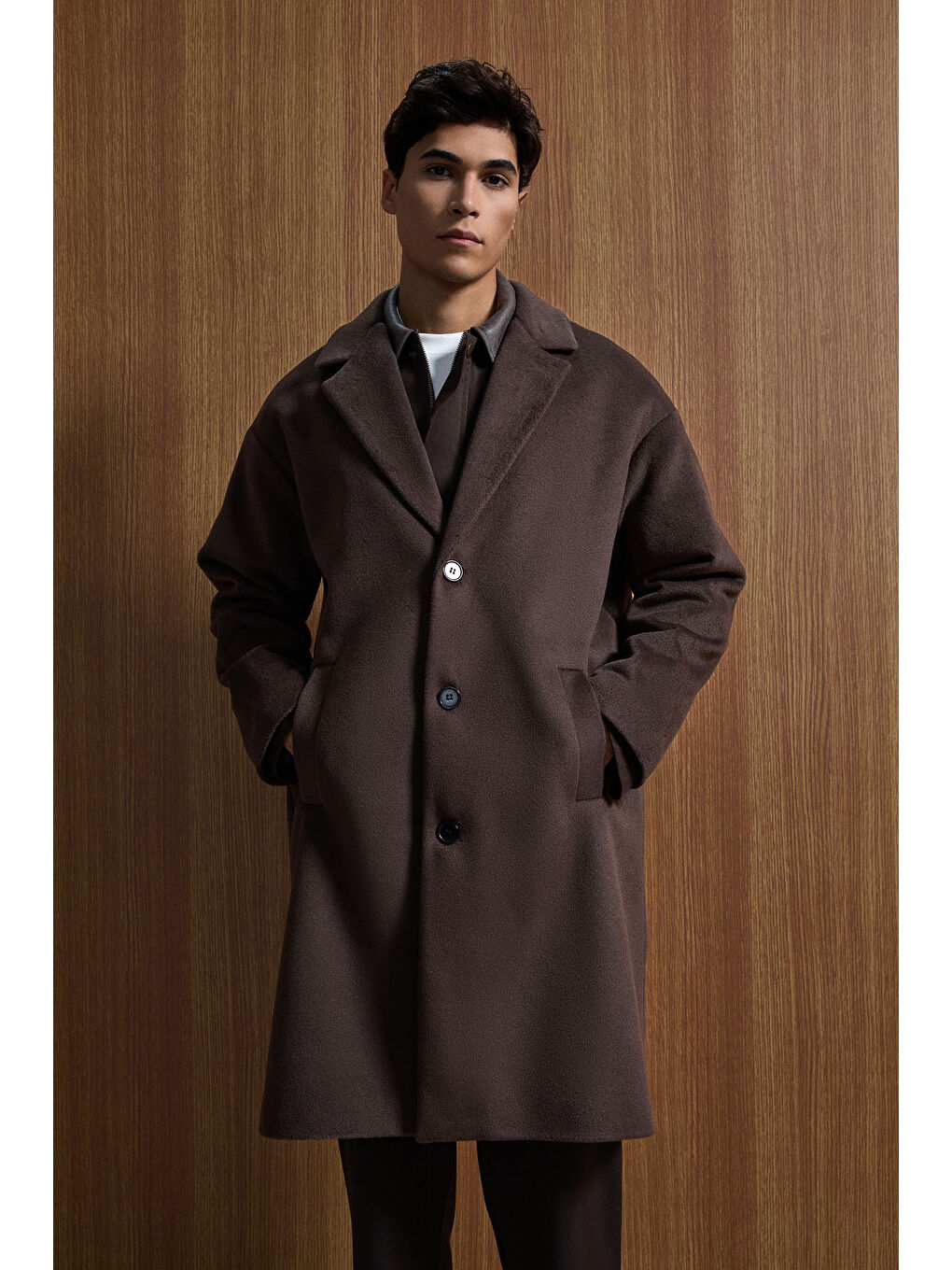 Kahverengi Erkek Oversize Uzun İtalyan Kaşe Kaban Koyu Kahve-5
