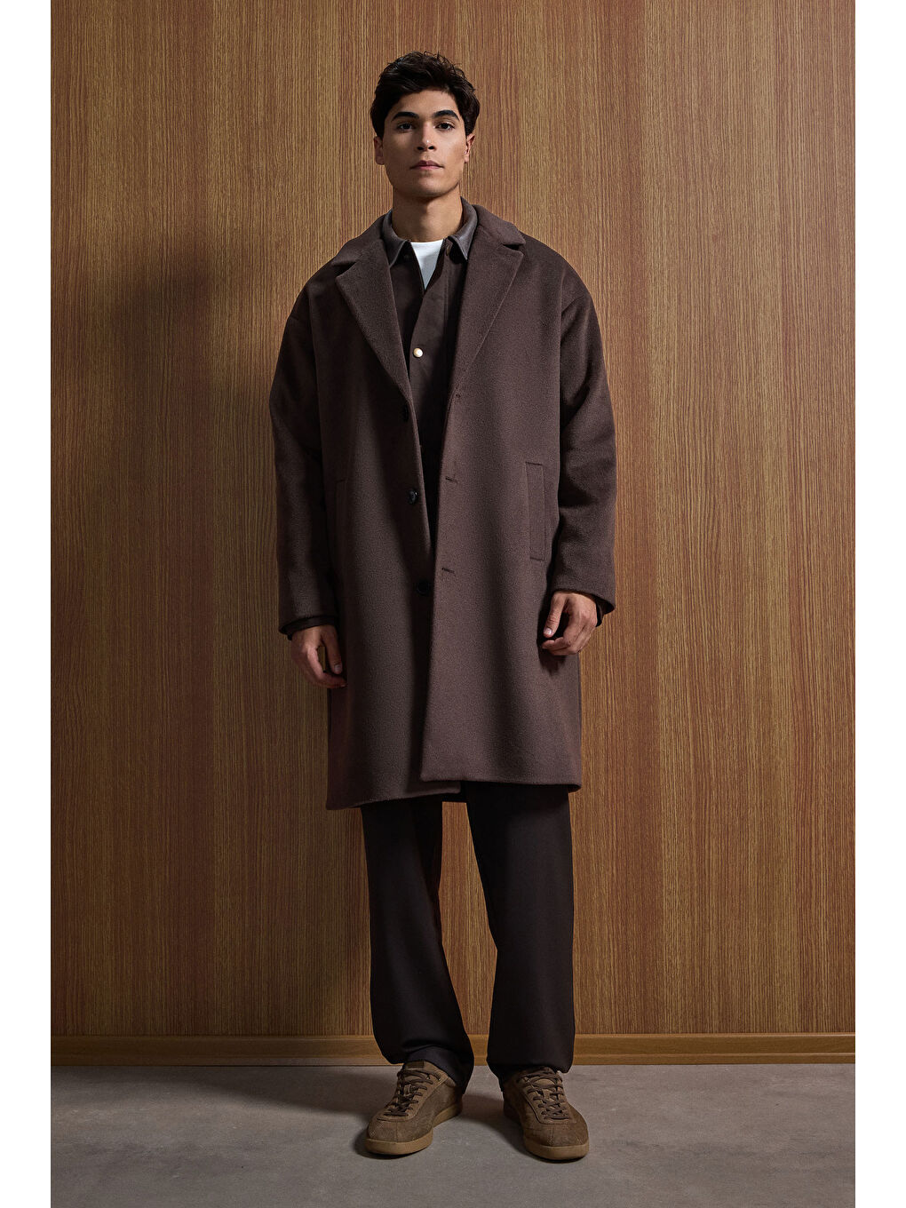 Kahverengi Erkek Oversize Uzun İtalyan Kaşe Kaban Koyu Kahve-6