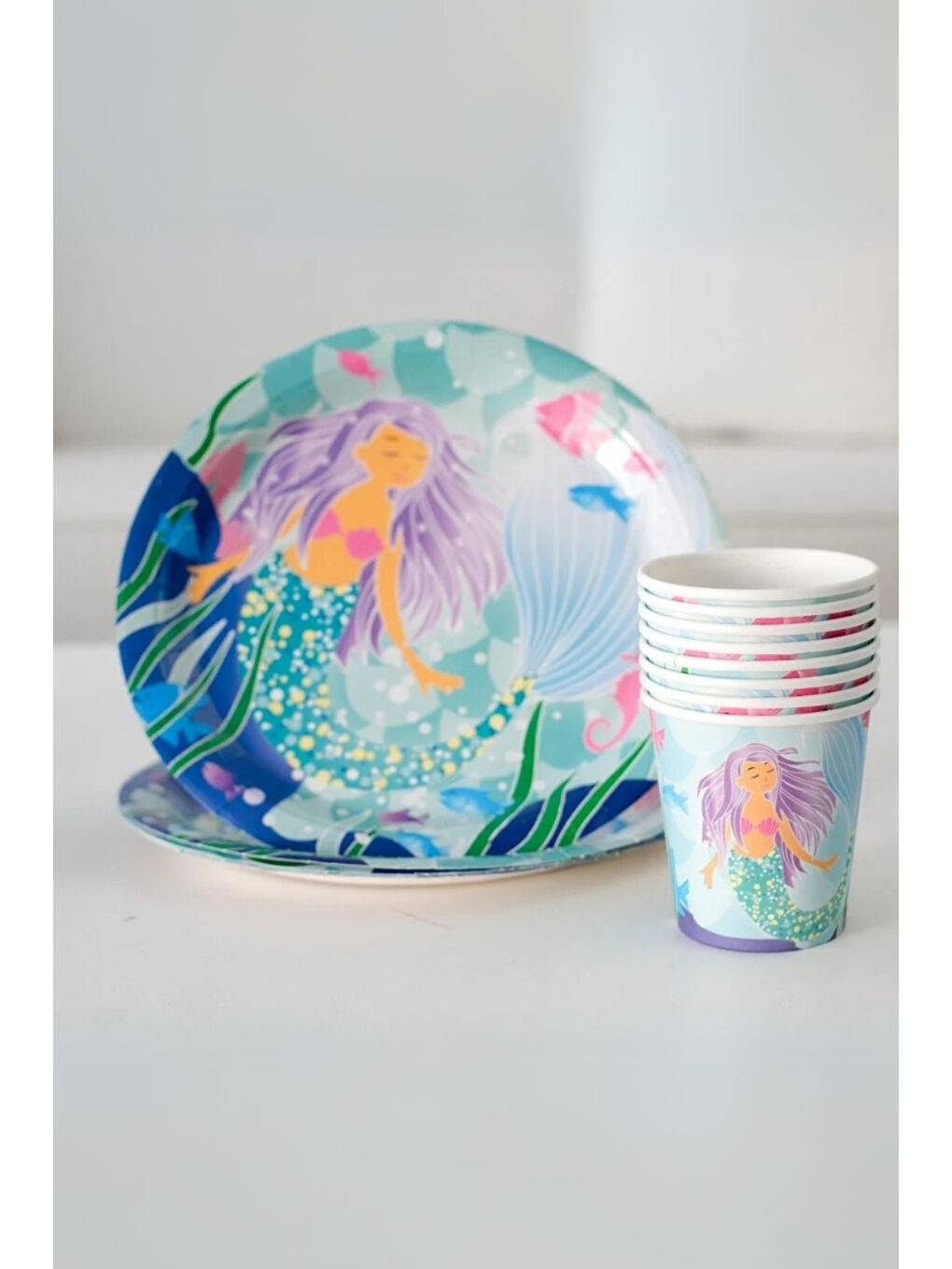 Karışık Çok Renkli Deniz Kızı Temalı 8'li Tabak Bardak Set-1