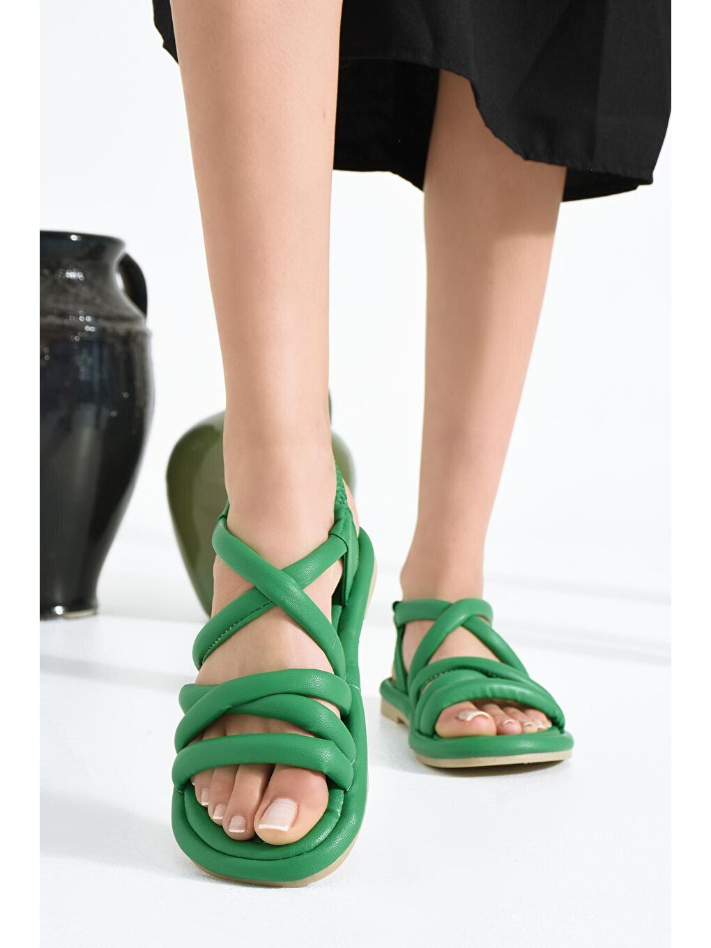 Yeşil Bantlı Rahat Taban Kadın Lastikli Sandalet 007-73-23