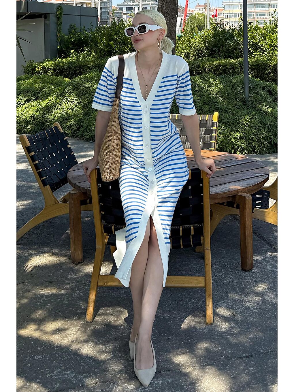 Beyaz Düğmeli Triko Kadın Elbise Mg1648-2