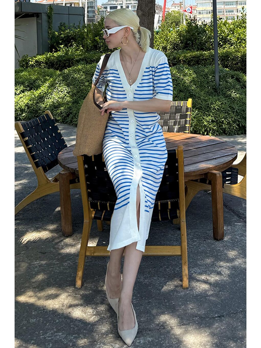 Beyaz Düğmeli Triko Kadın Elbise Mg1648-3