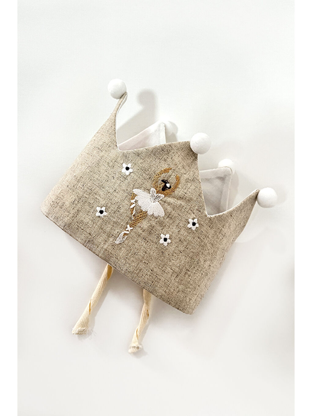 Bej Ponponlu Balerin Nakışlı Kız Çocuk Saç Bandı-1