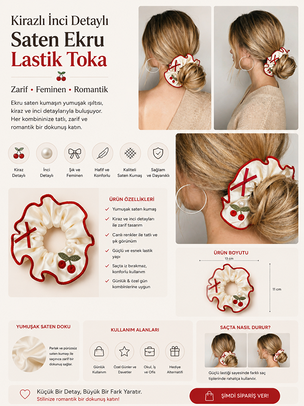 Kirazlı İnci Detaylı Saten Ekru Lastik Toka-2