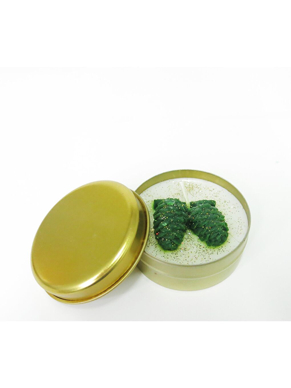 Sarı Yılbaşı Spice Orange Kokulu Simli Kozalakl Dekorlu Gold Teneke Vegan Mum