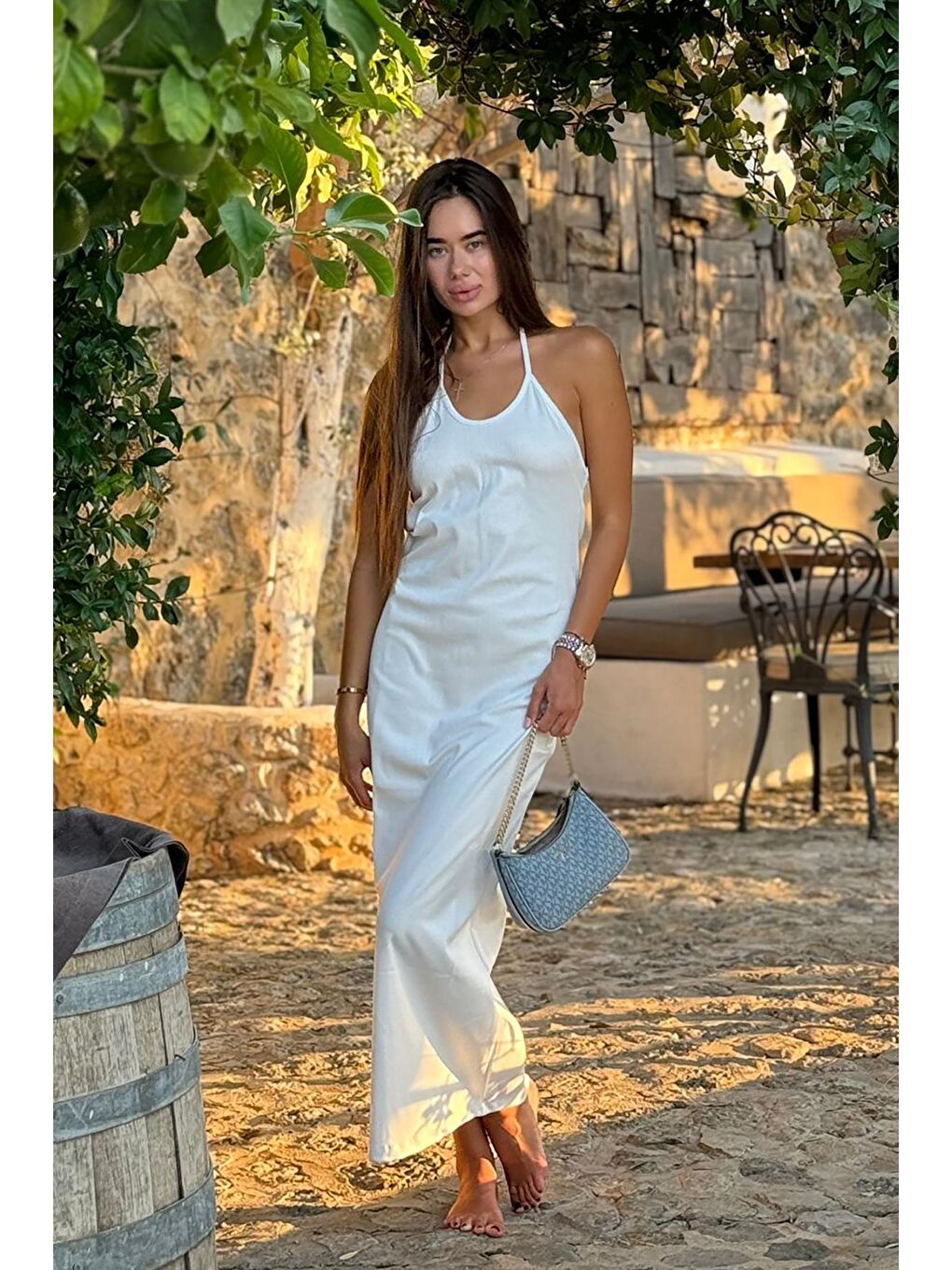 Beyaz Lacivert Uzun Asklı Basic Elbise Mg1852-1