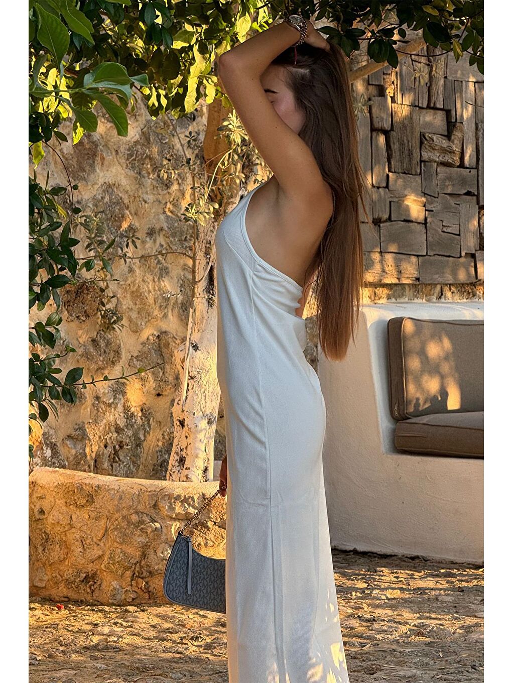 Beyaz Lacivert Uzun Asklı Basic Elbise Mg1852-2