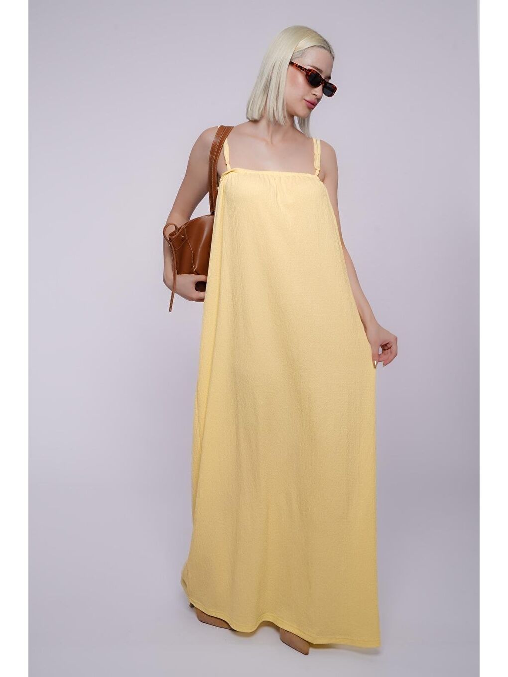 Sarı Askılı Uzun Salaş Bürümcük Elbise Mg1720-1