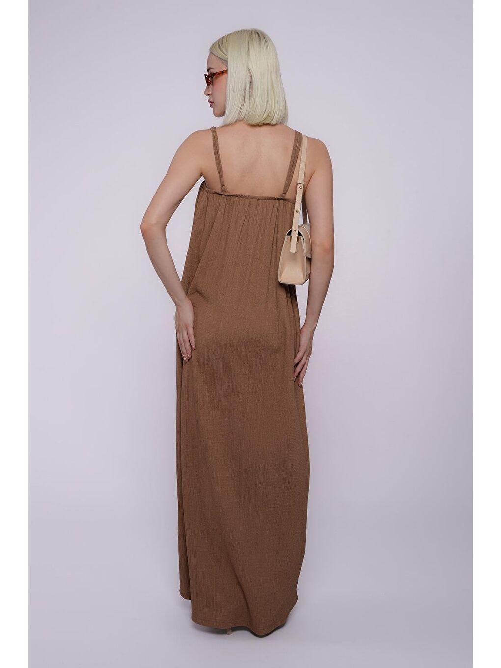 Bej Vizon Askılı Uzun Salaş Bürümcük Elbise Mg1720-3
