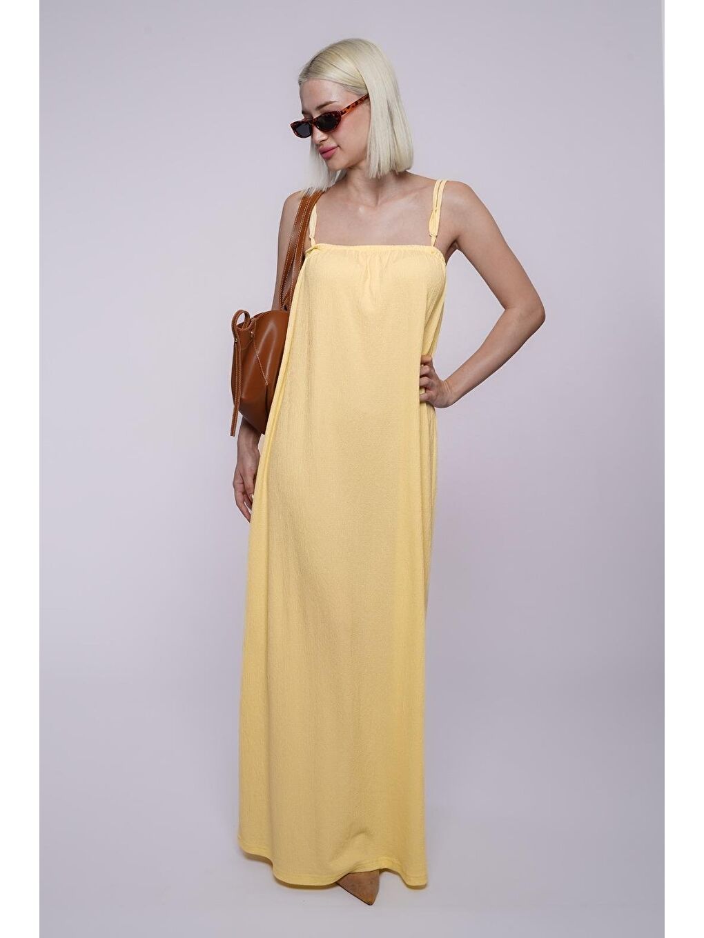 Sarı Askılı Uzun Salaş Bürümcük Elbise Mg1720-5