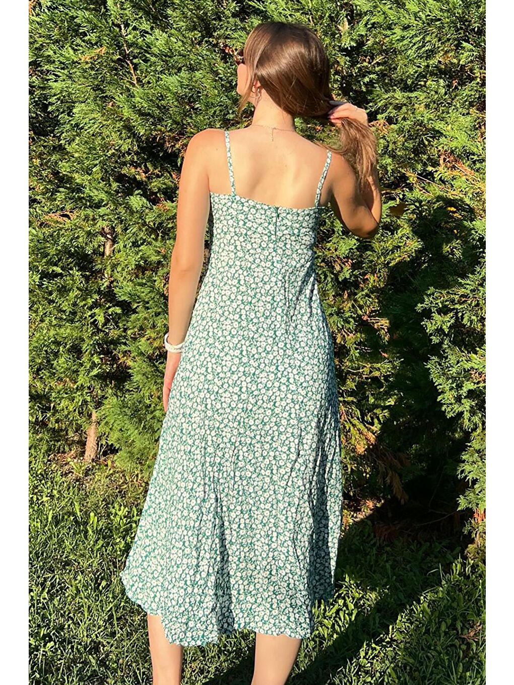 Yeşil Desenli Askılı Uzun Elbise Mg2025-5