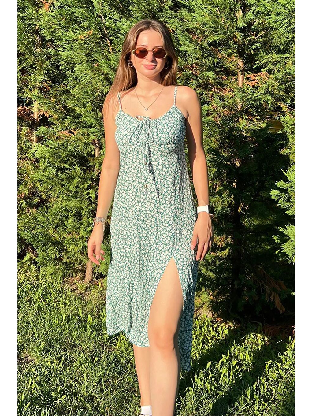 Yeşil Desenli Askılı Uzun Elbise Mg2025-6