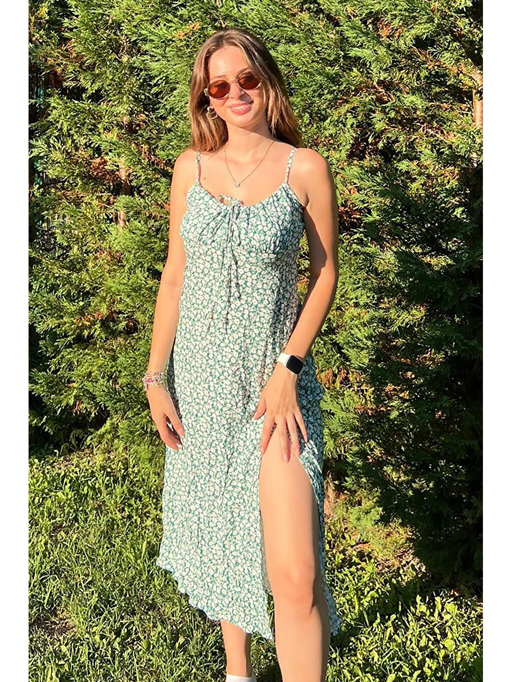 Yeşil Desenli Askılı Uzun Elbise Mg2025-7