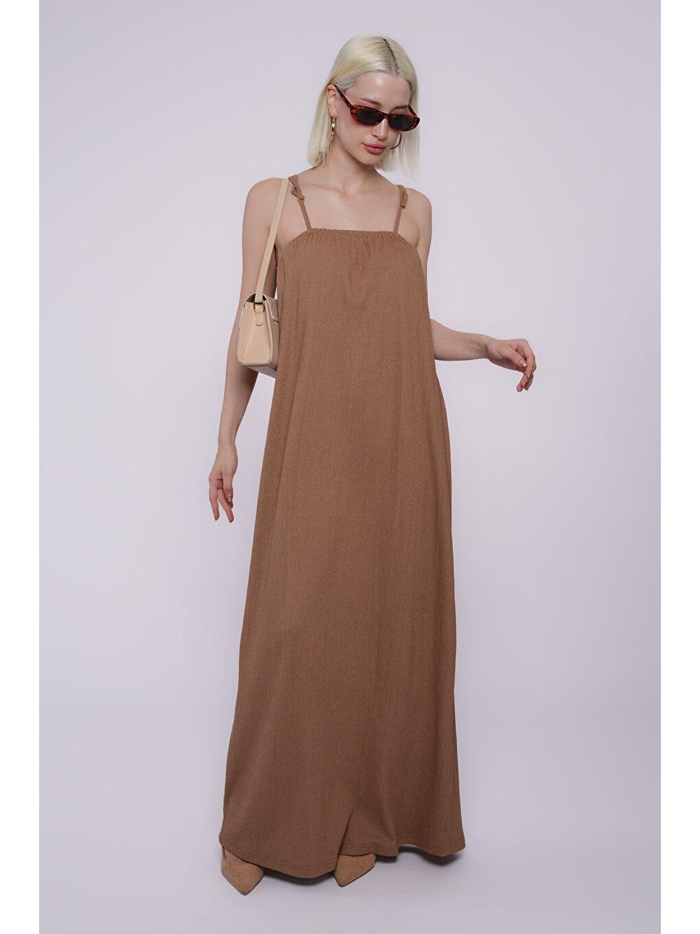 Bej Vizon Askılı Uzun Salaş Bürümcük Elbise Mg1720-10