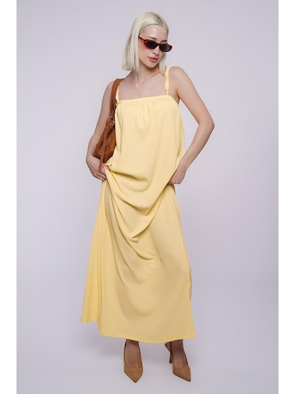 Sarı Askılı Uzun Salaş Bürümcük Elbise Mg1720-11