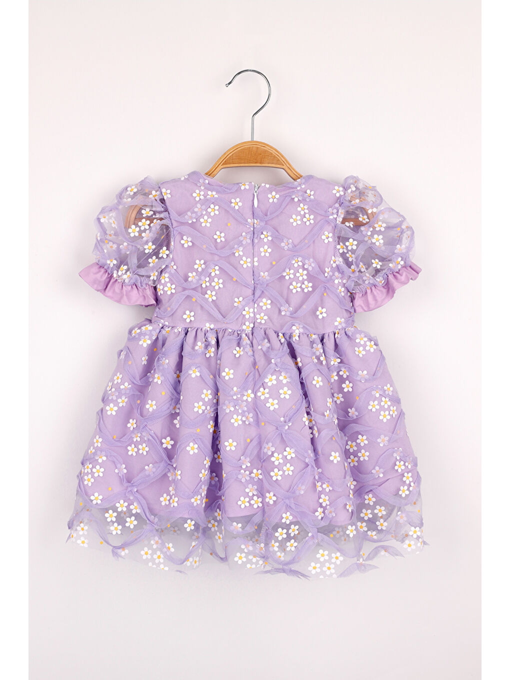 Lila Kısa Kollu Papatya Tüllü Kız Çocuk Elbise - Hillary-1