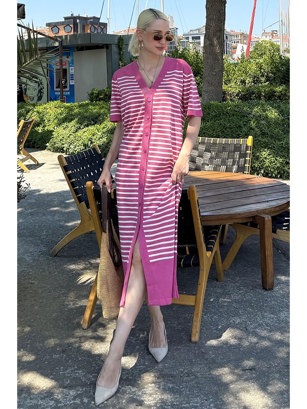 Pembe Düğmeli Triko Kadın Elbise Mg1648-1