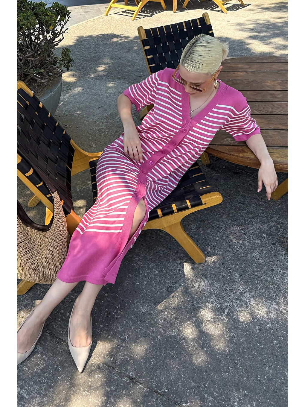 Pembe Düğmeli Triko Kadın Elbise Mg1648-3