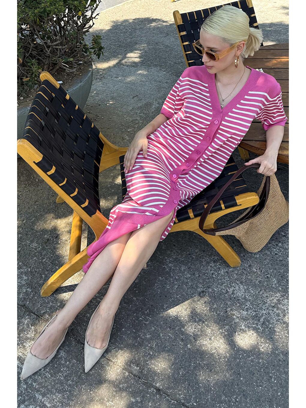 Pembe Düğmeli Triko Kadın Elbise Mg1648-4