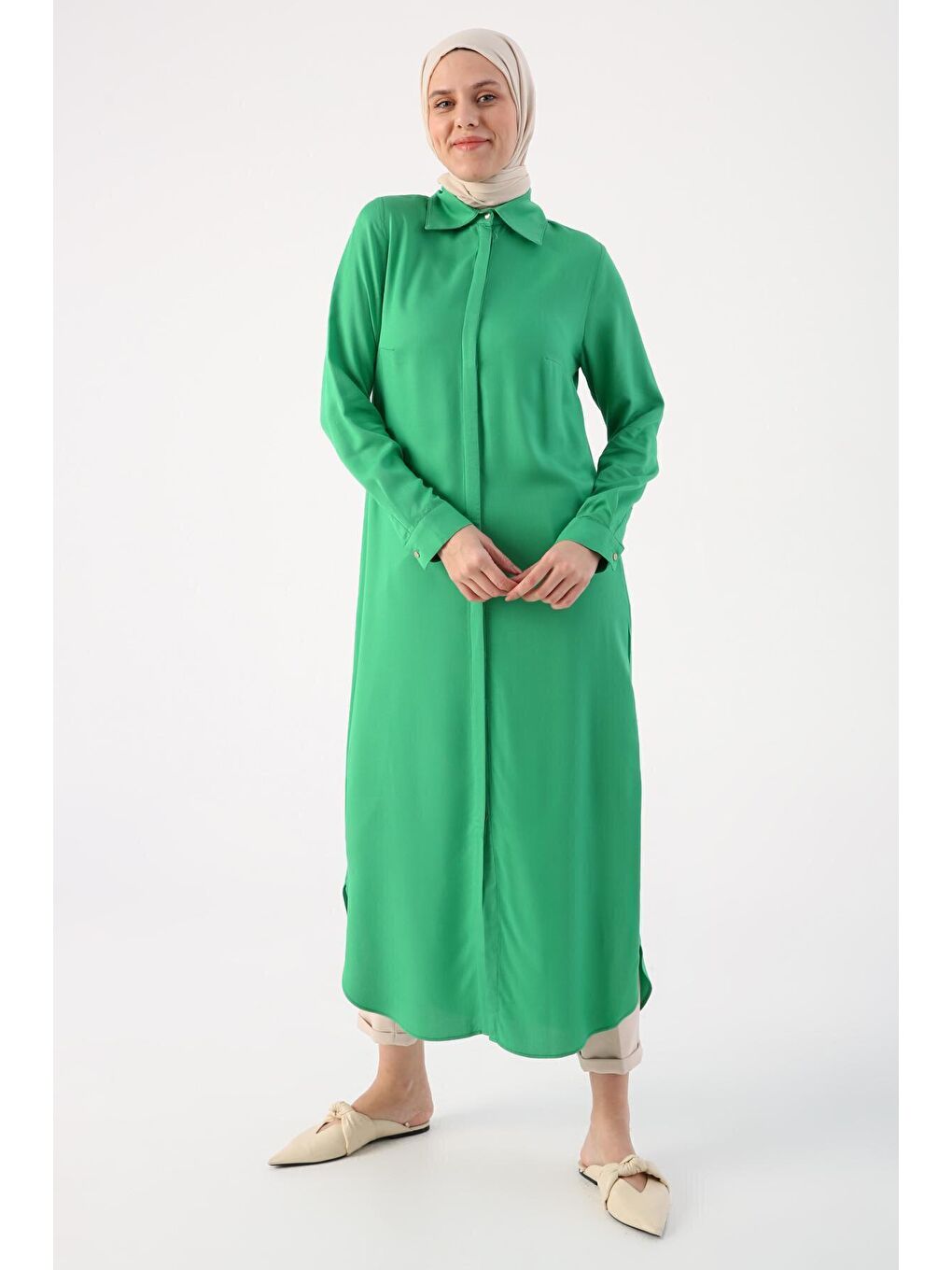 Çimen Yeşili Gizli Patlı Gömlek Tunik