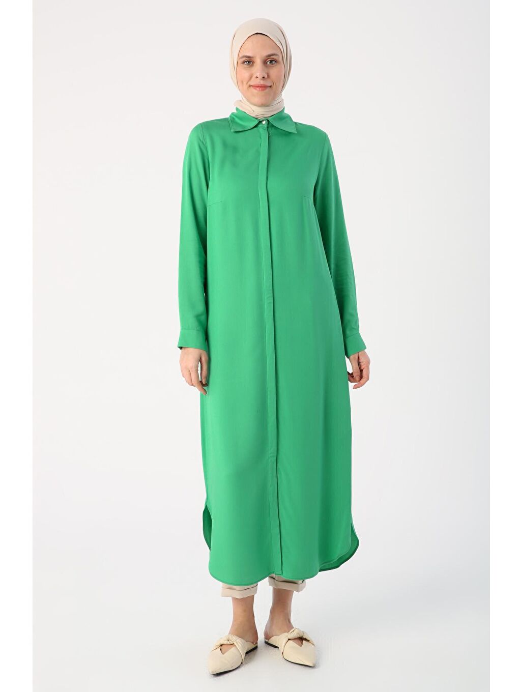 Çimen Yeşili Gizli Patlı Gömlek Tunik-1