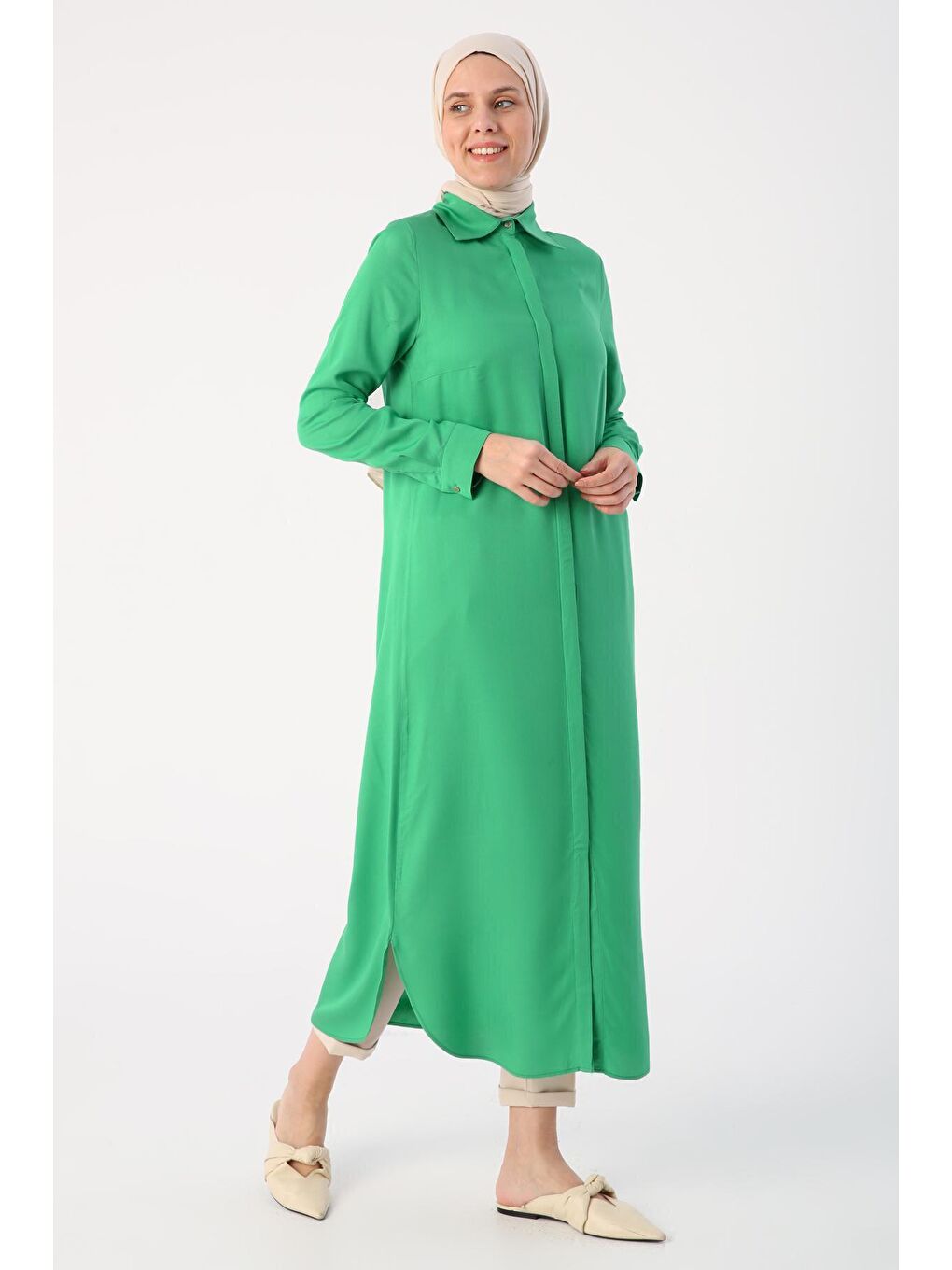 Çimen Yeşili Gizli Patlı Gömlek Tunik-2
