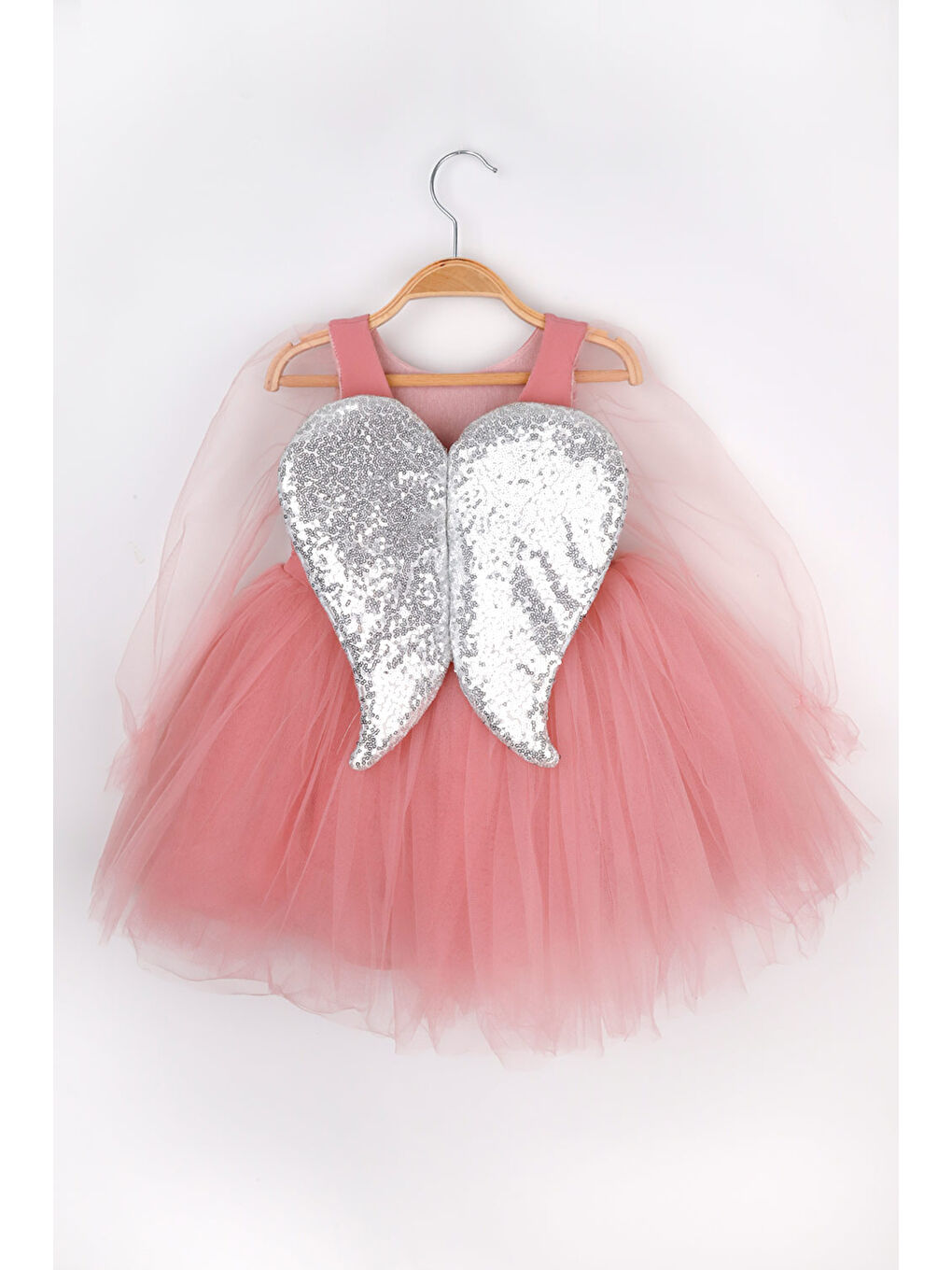 Pembe Gülkurusu Pullu Kanat Detaylı Kız Çocuk Elbise - Angela-4