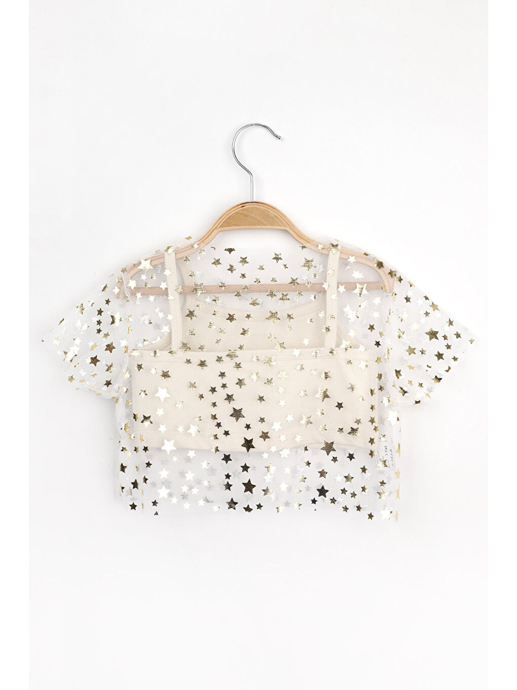 Ekru  Yıldız Baskılı Kız Çocuk Tül Crop Bluz-2