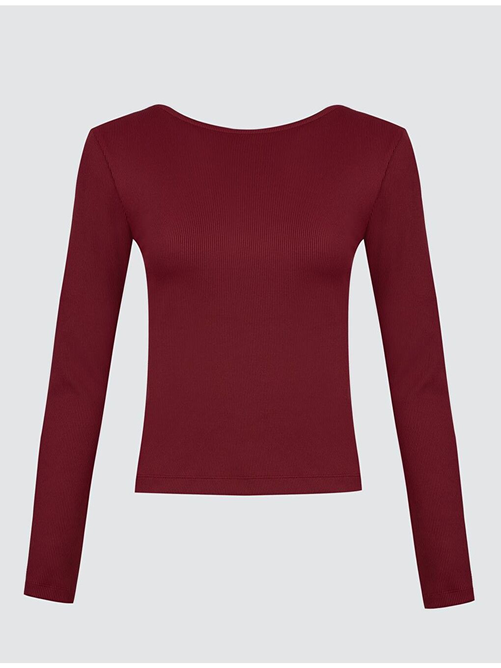 Bordo Dar Kesim Kayık Yaka Örme Bluz-6