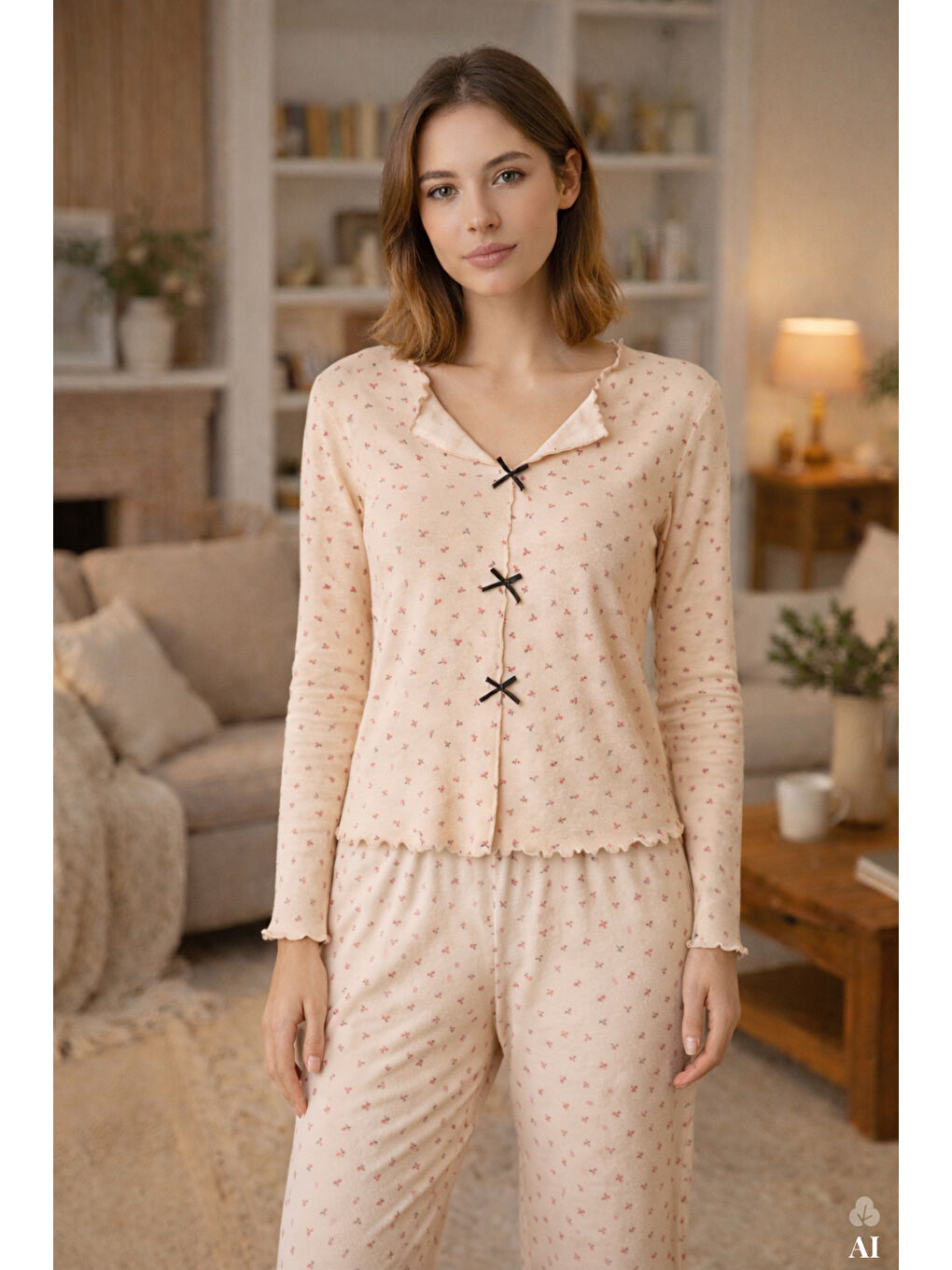 Bej Kadın Pamuklu Çıtır Çiçek Desenli Baby Overloklu Fiyonklu Uzun Kollu Pijama Takımı-2