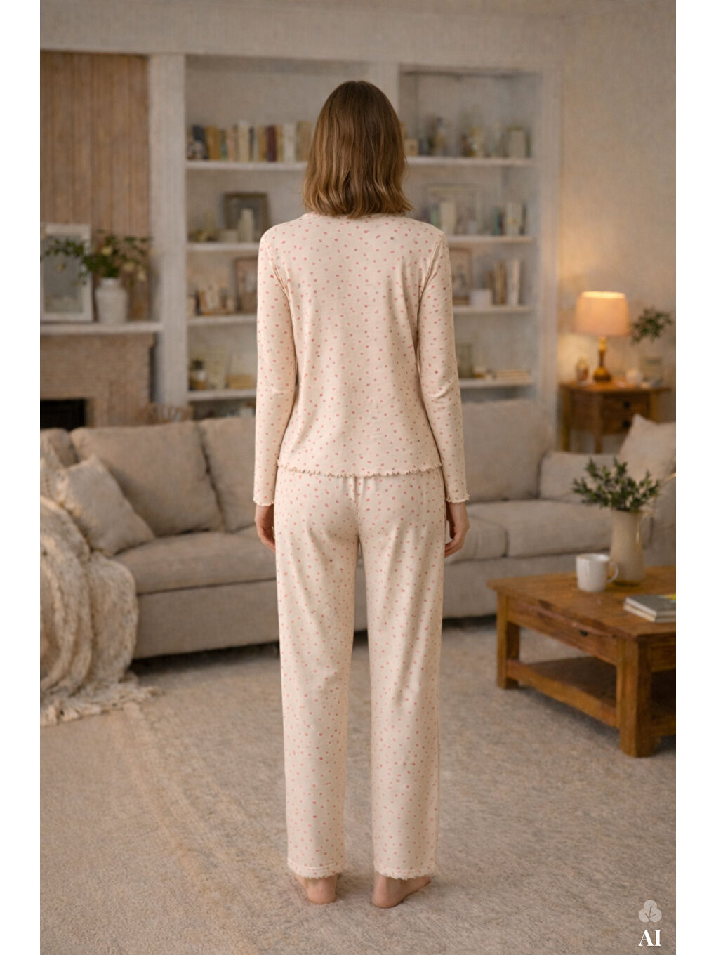 Bej Kadın Pamuklu Çıtır Çiçek Desenli Baby Overloklu Fiyonklu Uzun Kollu Pijama Takımı-3