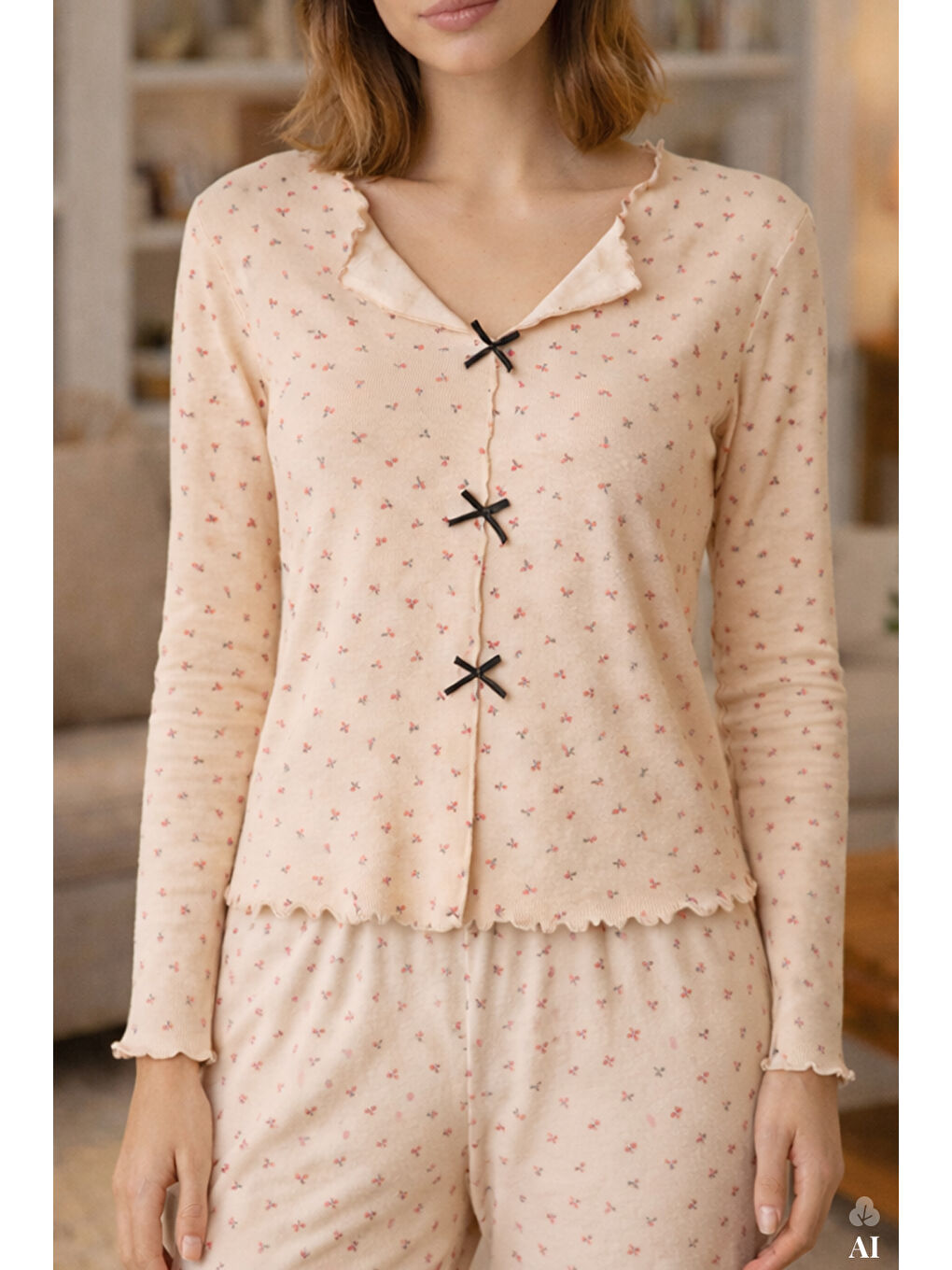 Bej Kadın Pamuklu Çıtır Çiçek Desenli Baby Overloklu Fiyonklu Uzun Kollu Pijama Takımı-4