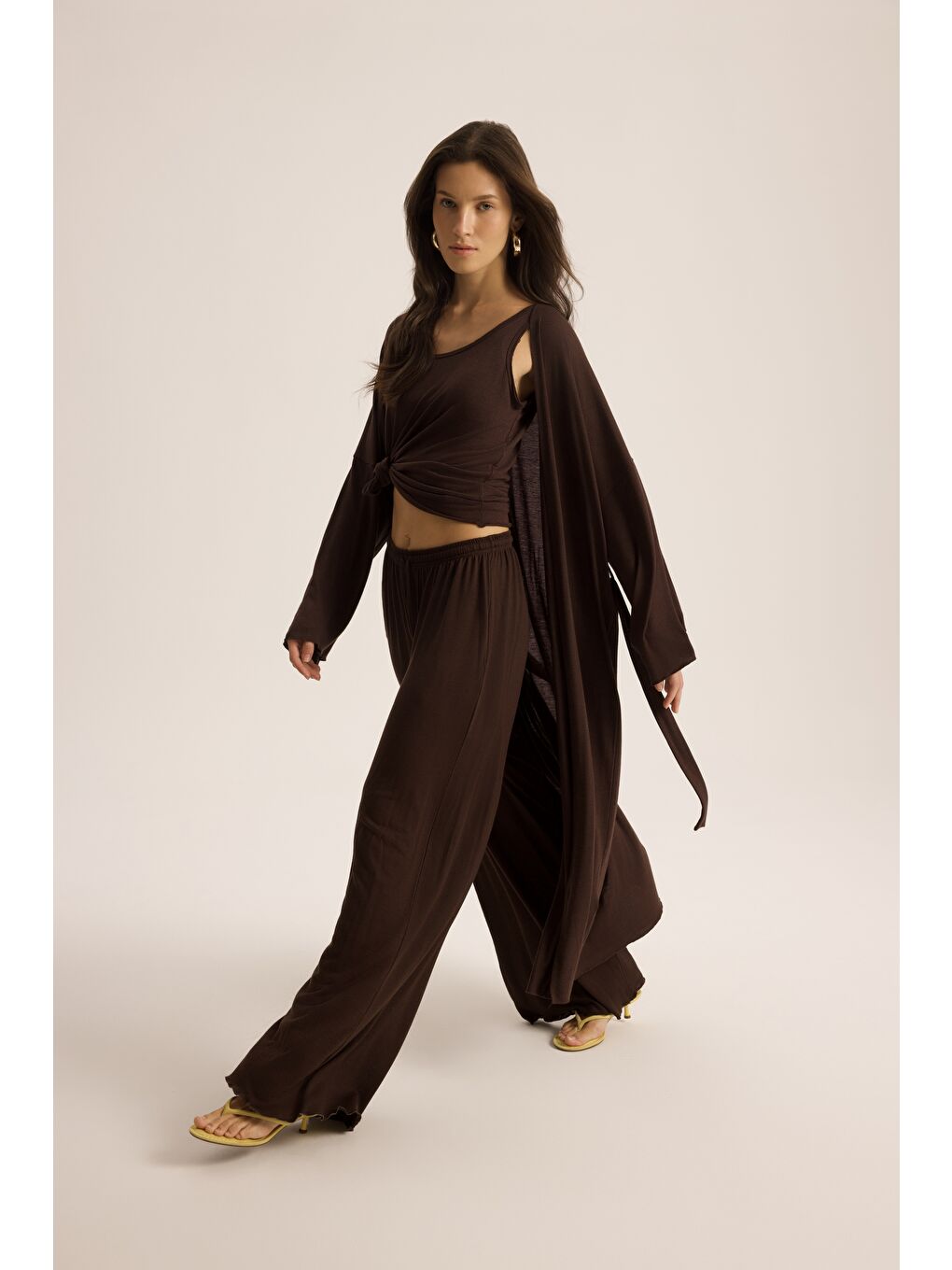 Kahverengi Raina Kahve Kimono Basic Üçlü Takım-2