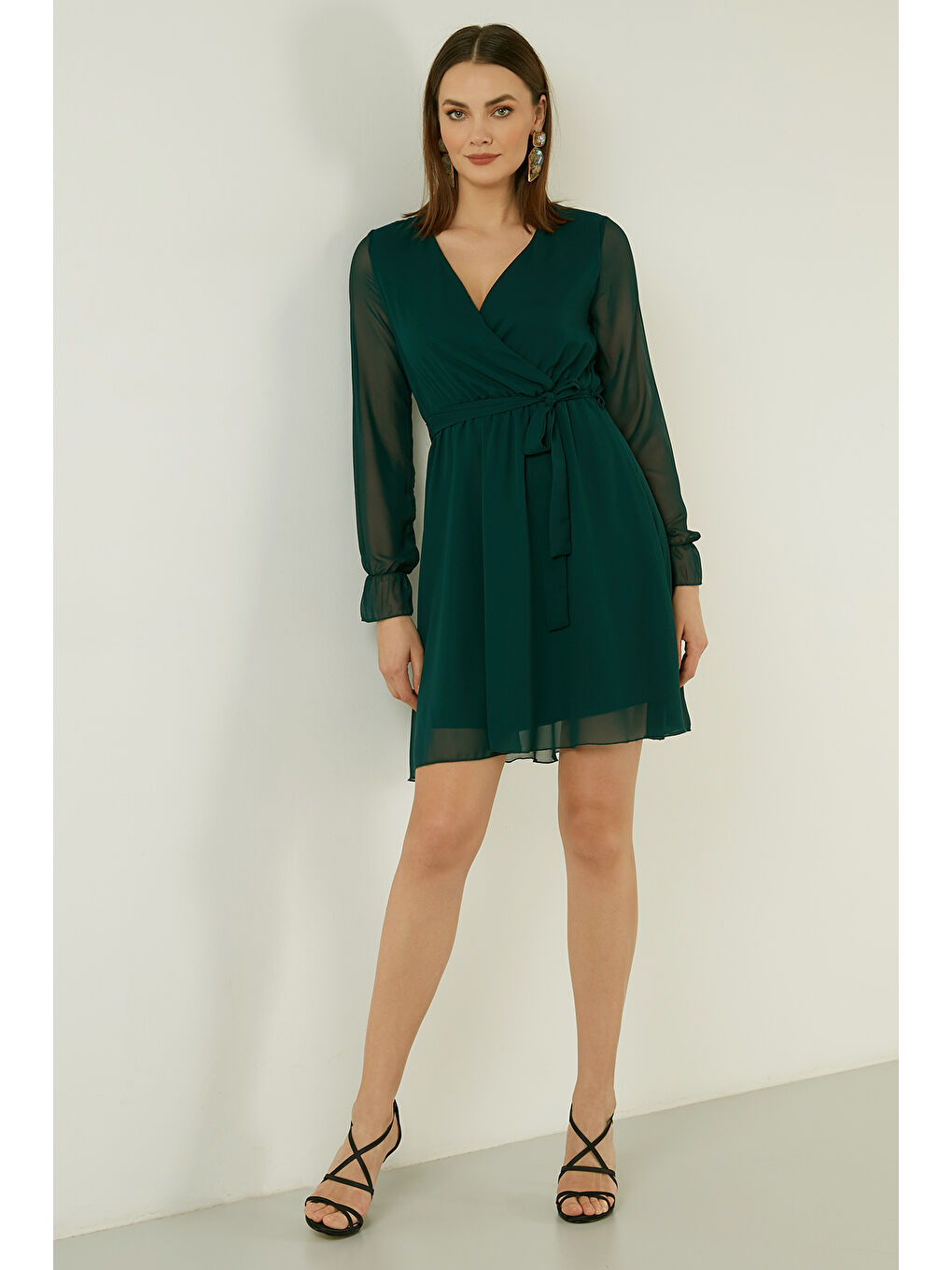 Petrol Kruvaze Yaka Bağlama Detaylı Şifon Mini Elbise 6051467-5