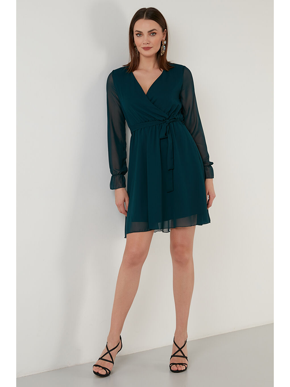 Petrol Kruvaze Yaka Bağlama Detaylı Şifon Mini Elbise 6051467-6