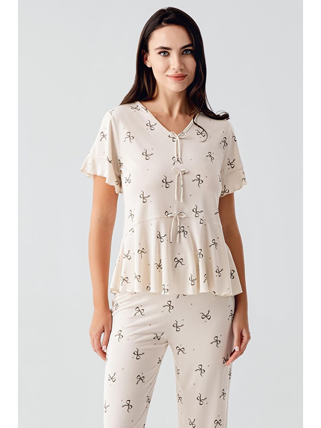 Bej Fiyonk Desenli Kısa Kollu Esnek Viskoz Pijama Takım 17206-1