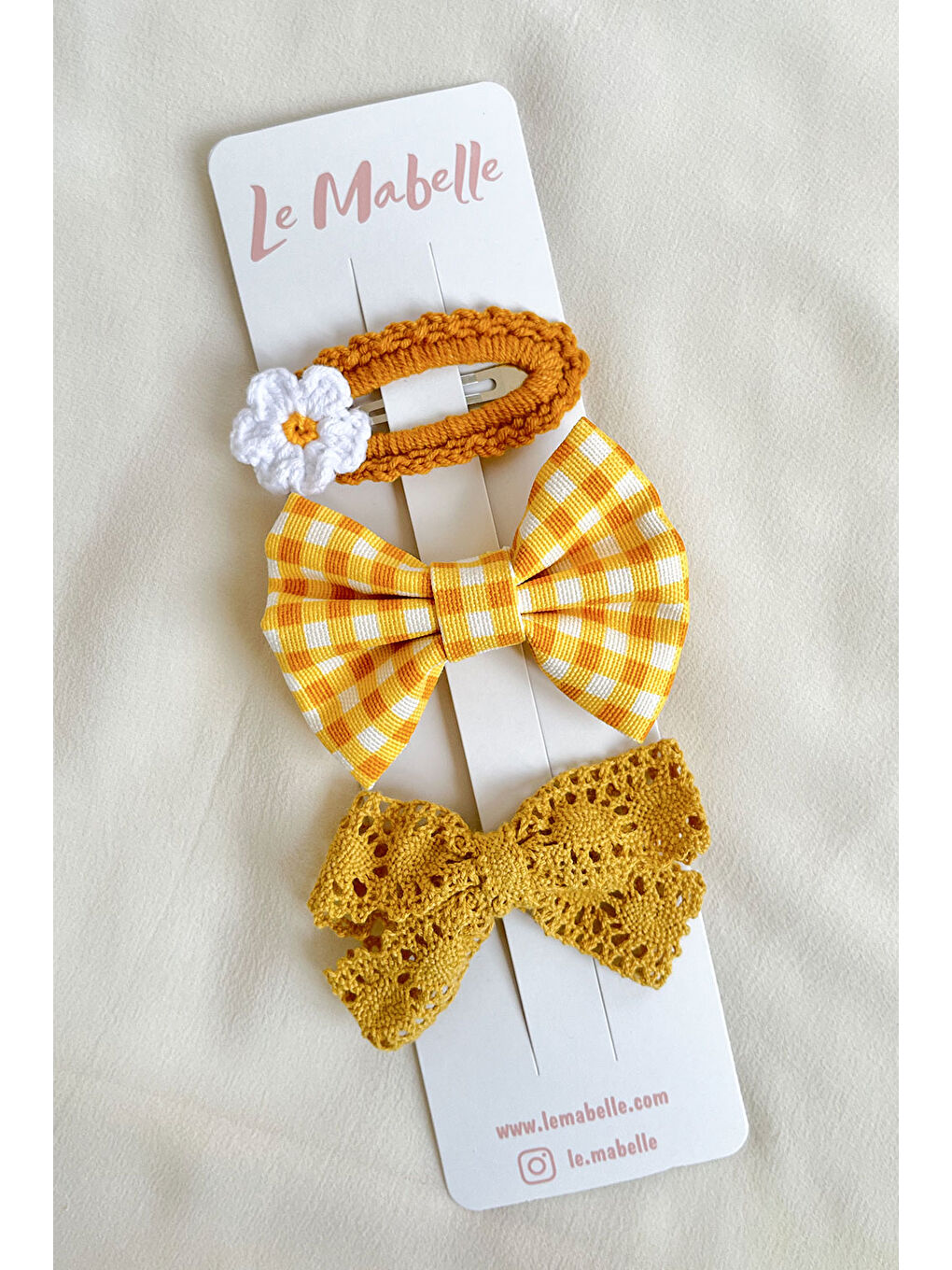 Sarı Hardal Örgü Çiçek 3'lü Toka Set-1