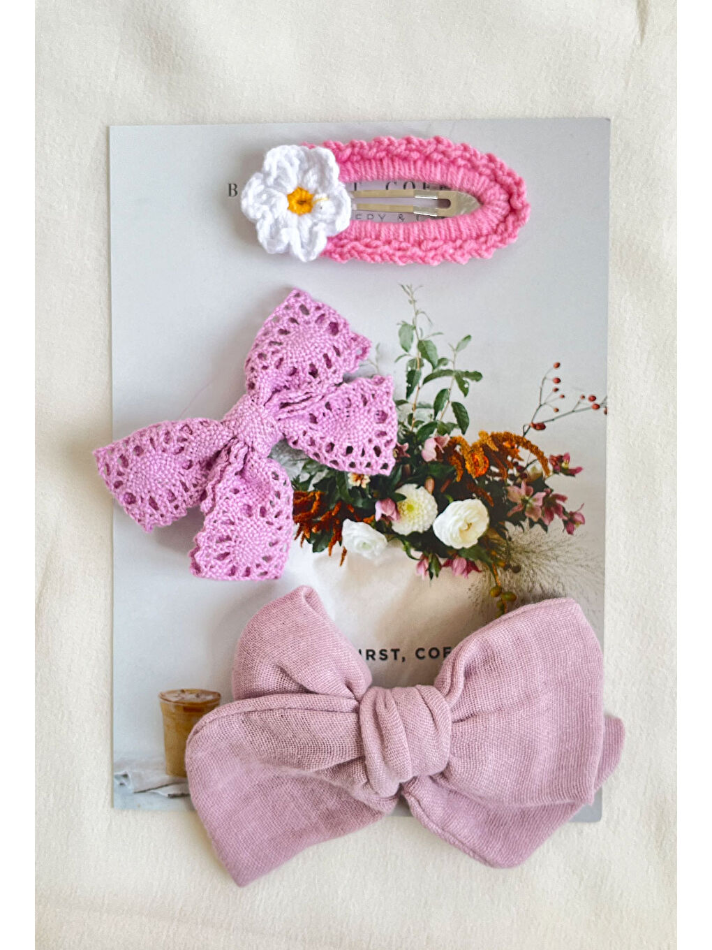 Lila Örgü Çiçek 3'lü Toka Set-1