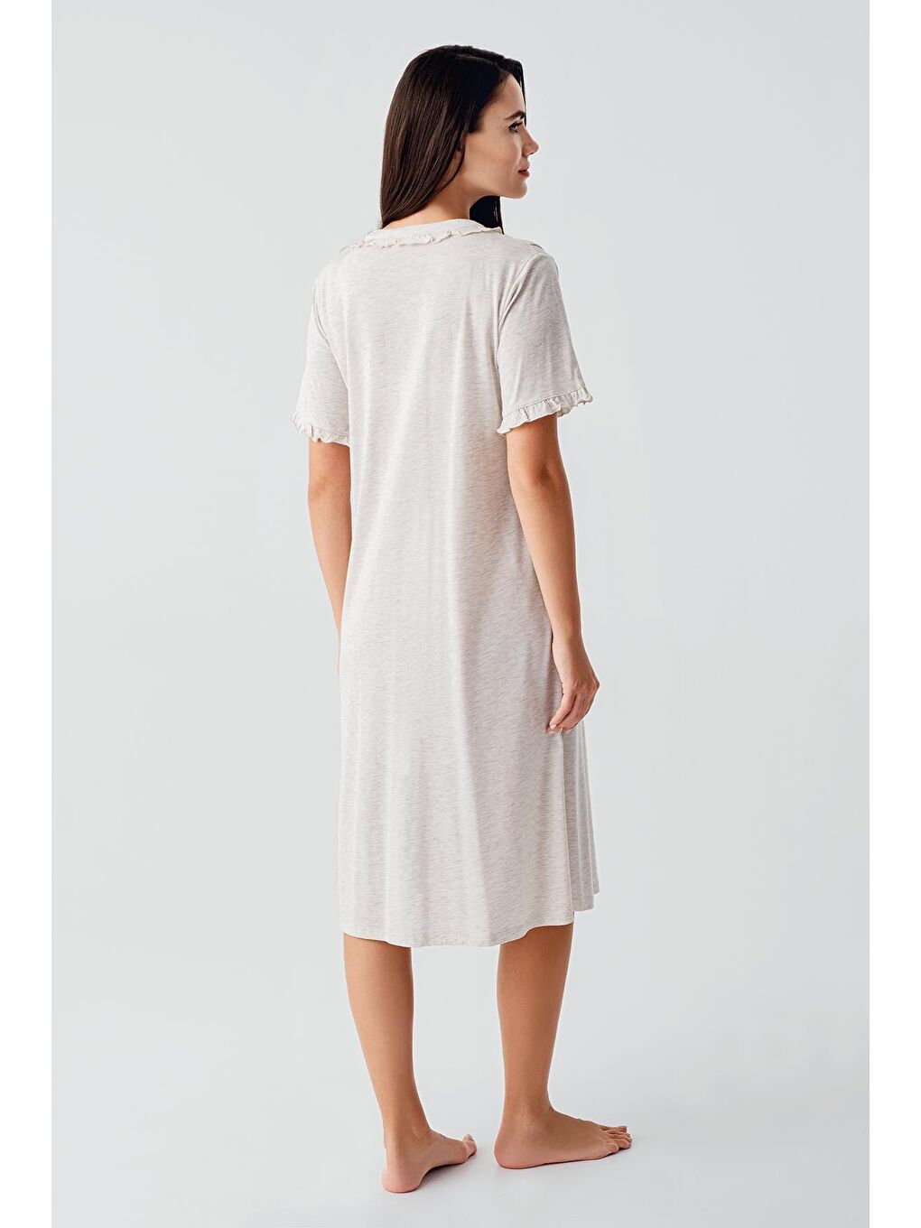 Bej Kısa Kollu Düğmeli Esnek Pamuklu Hamile Gecelik 17100-3