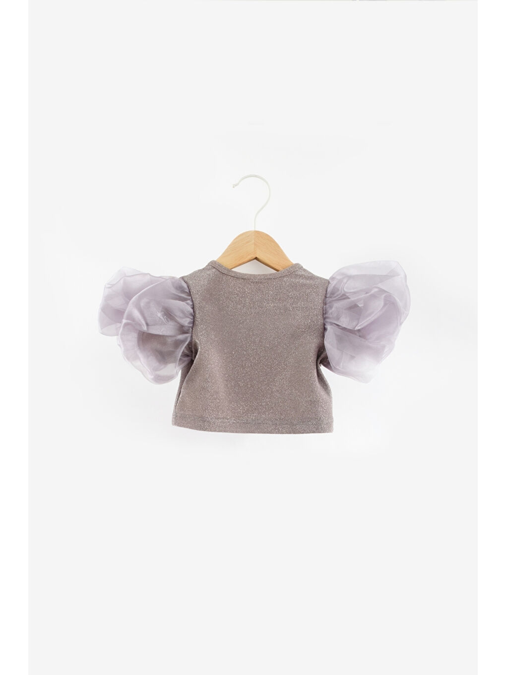 Gri Gümüş  Kolları Tüllü Simli Kız Çocuk Crop Bluz-1