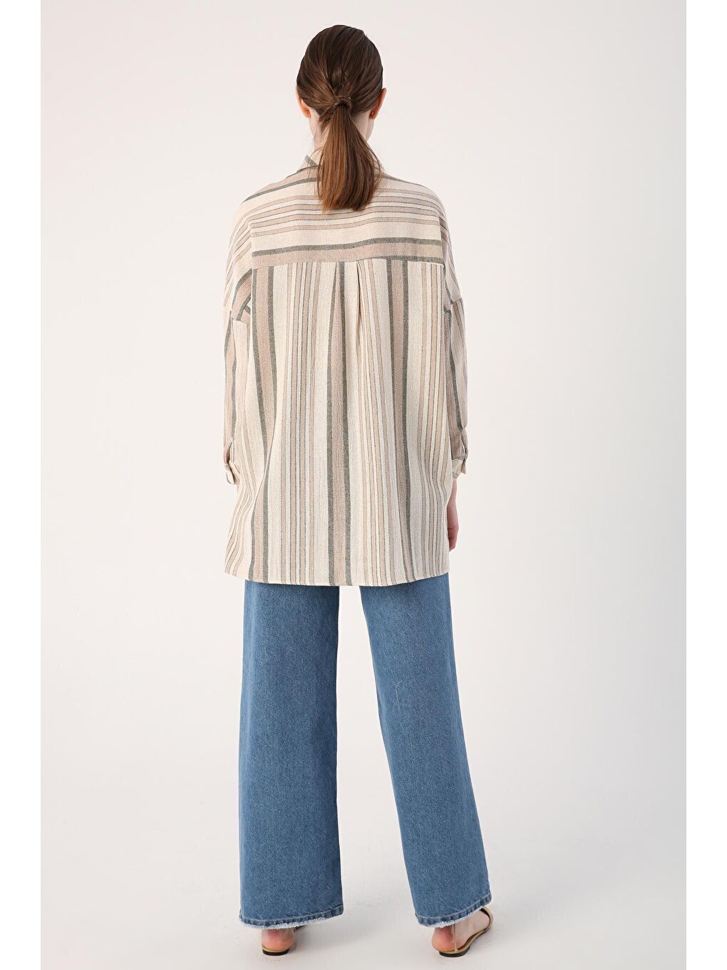 Ekru-Haki Çizgili Kapaklı Cepli Viskon Keten Gömlek-3