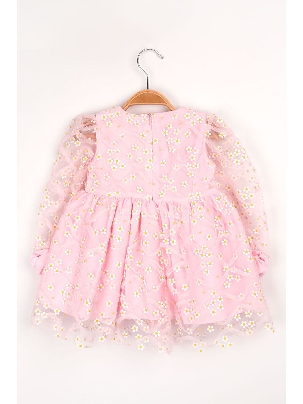 Pembe Uzun Kollu Papatyalı Tül Detaylı Kız Çocuk Elbise - Hera-2