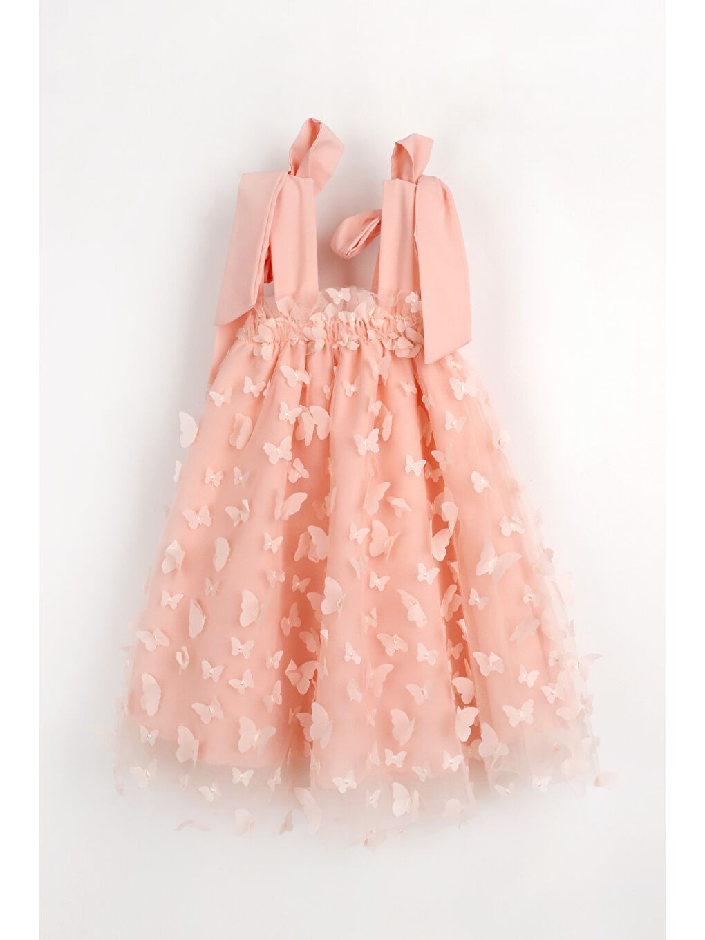 Pembe Somon Omuzdan Bağlamalı Kelebek Aplikeli Kız Çocuk Elbise - Nikki-3