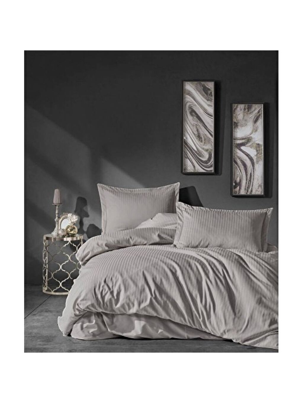 Karışık Pamuk Box Elegant Stripe Çift Kişilik Nevresim Takımı Saten Bej-2