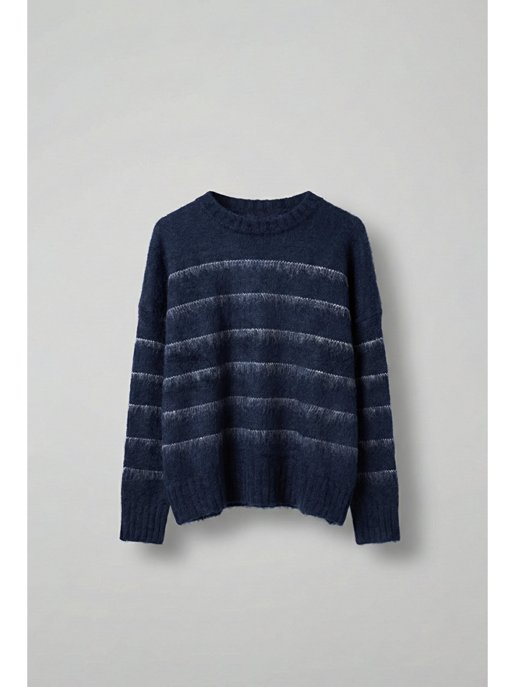 Erkek Oversize Çizgili Tüylü Triko Kazak Lacivert