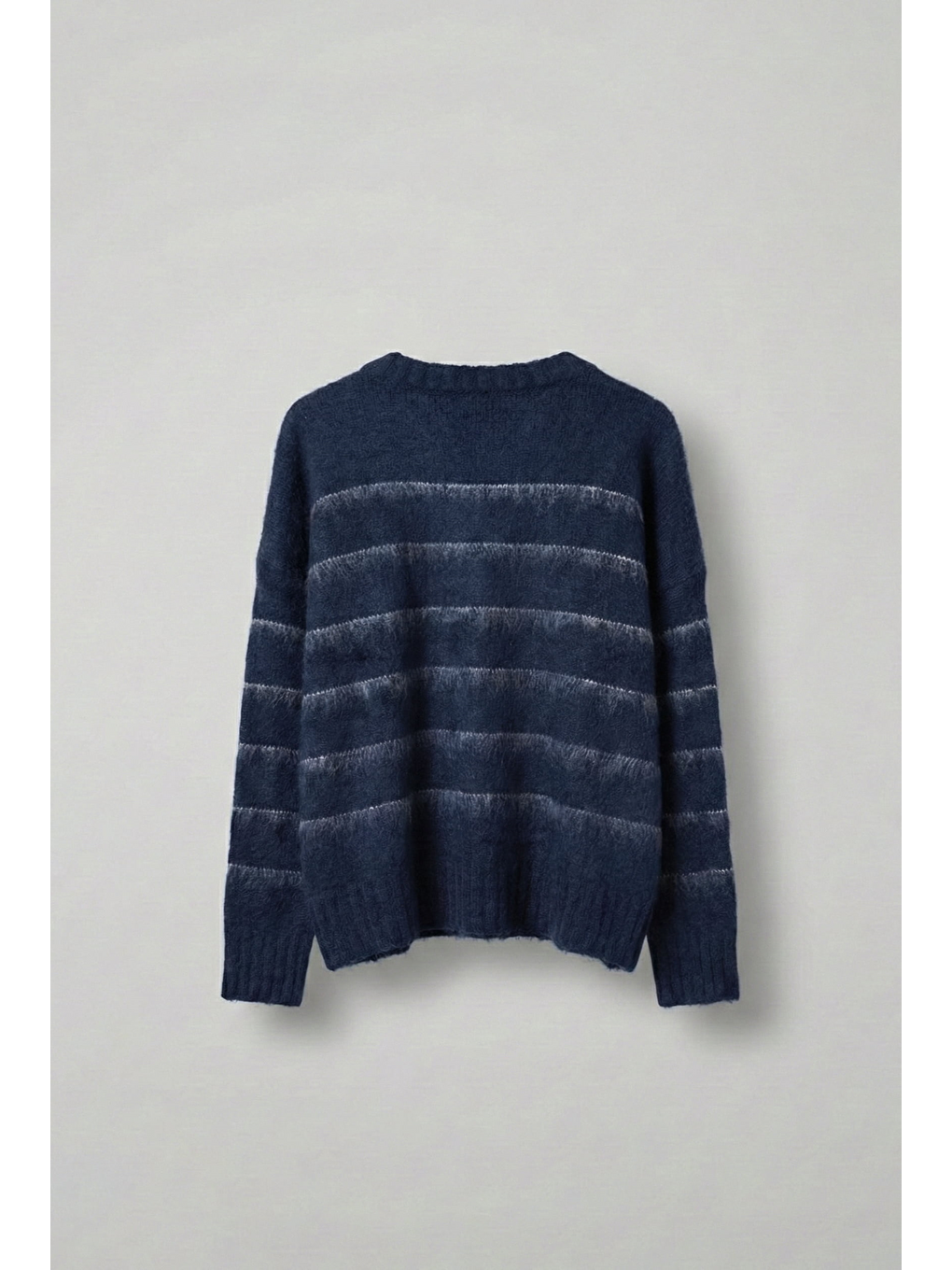 Erkek Oversize Çizgili Tüylü Triko Kazak Lacivert-1