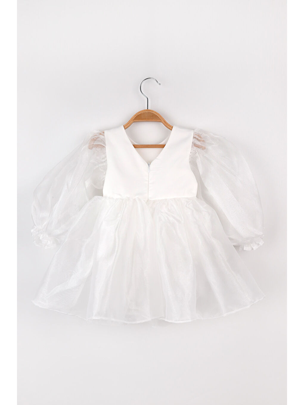 Beyaz Uzun Kollu Organze Kız Çocuk Parti Elbisesi - Sage-2