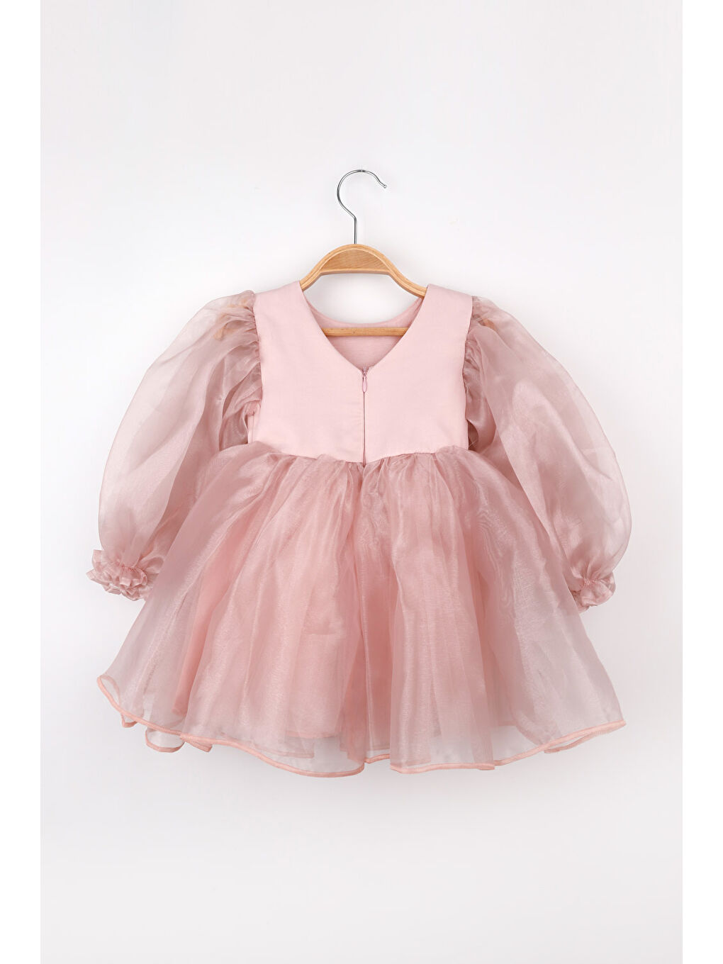 Pembe Pudra Uzun Kollu Organze Kız Çocuk Parti Elbisesi - Sage-2