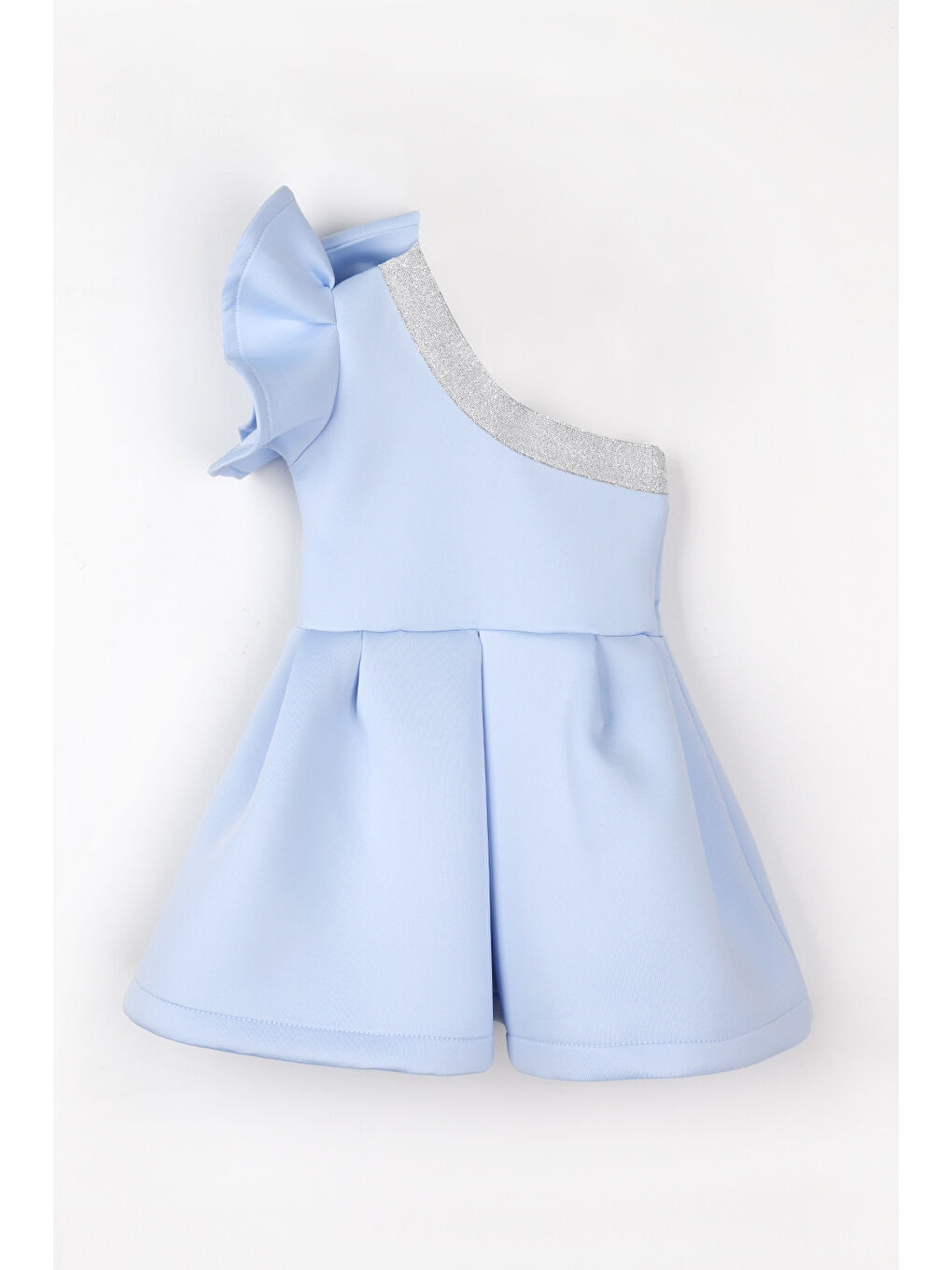 Mavi Fırfırlı Tek Omuzlu Fiyonk Detaylı Kız Çocuk Elbise - Mildred-3